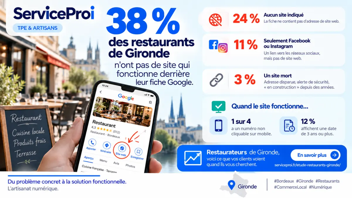 Infographie : 38 % des restaurants de Gironde n'ont pas de site qui fonctionne derrière leur fiche Google. 24 % sans site indiqué, 11 % seulement Facebook ou Instagram, 3 % un site mort. Quand le site fonctionne : 1 sur 4 a un numéro non cliquable sur mobile, 12 % affichent une date de 3 ans ou plus.