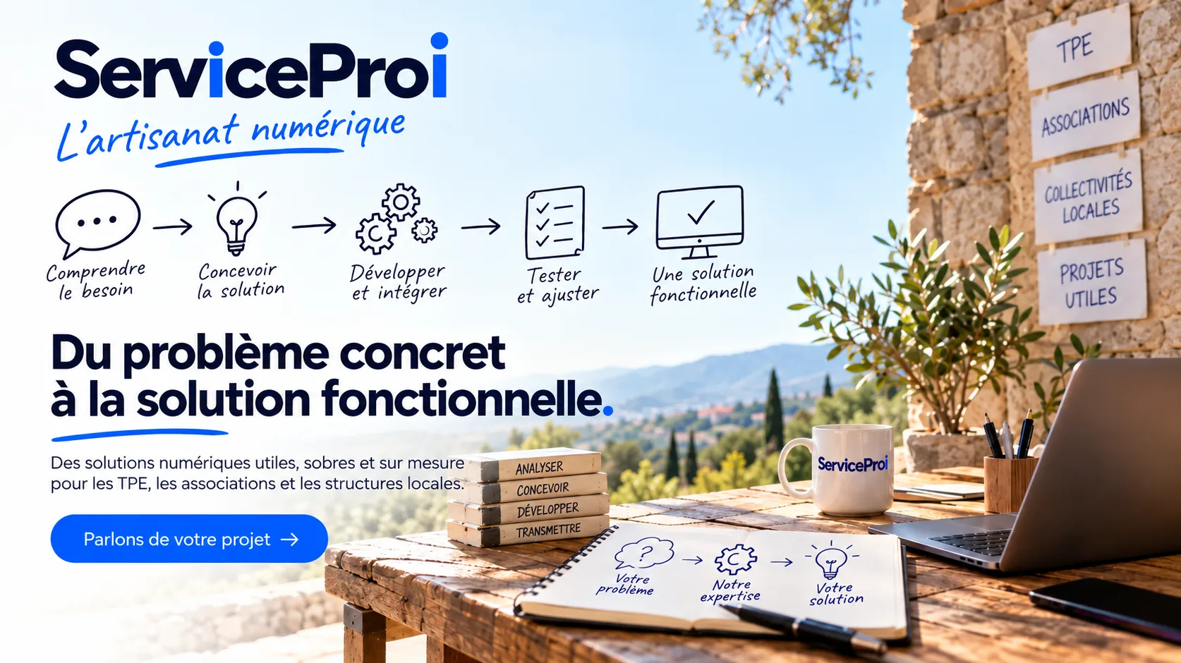 ServiceProI, l'artisanat numérique : comprendre le besoin, concevoir la solution, développer et intégrer, tester et ajuster, pour une solution fonctionnelle. Du problème concret à la solution fonctionnelle : des solutions numériques utiles, sobres et sur mesure pour les TPE, les associations et les structures locales.